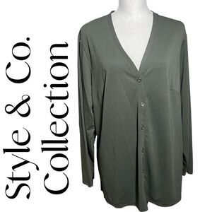 STYLE & CO. COLLECTION Forest Green Long Sleeve Blouse, Button Closure, Size 1X
